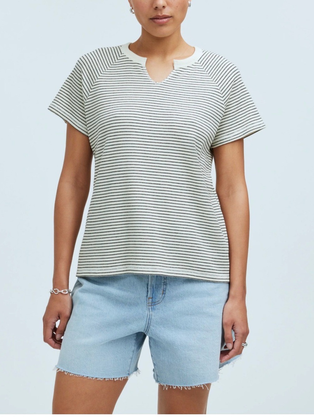 Madewell Cream and Black Striped Notch-Neck Short Sleeve Top large relaxed